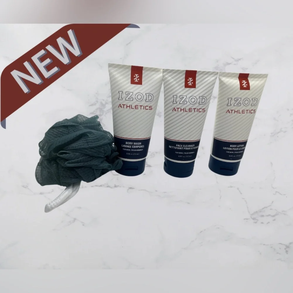 IZOD 4pc Kit Toiletry Set Travel Body Wash&Lotion,‎ Face Cleanser& Mesh Sponge.
